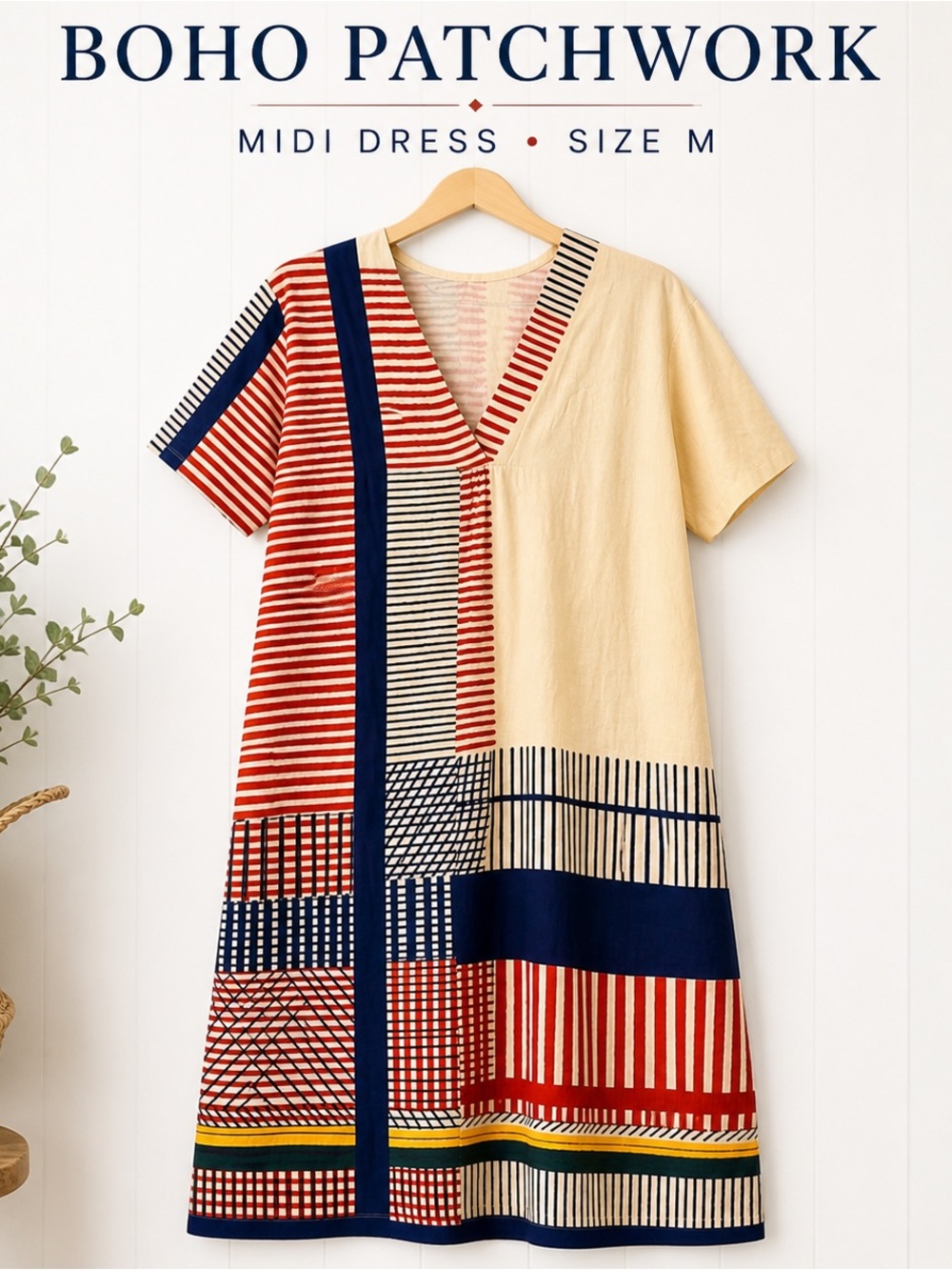 Boho Patchwork Midi Dress Pockets Relaxed Fit Cream Red Size M